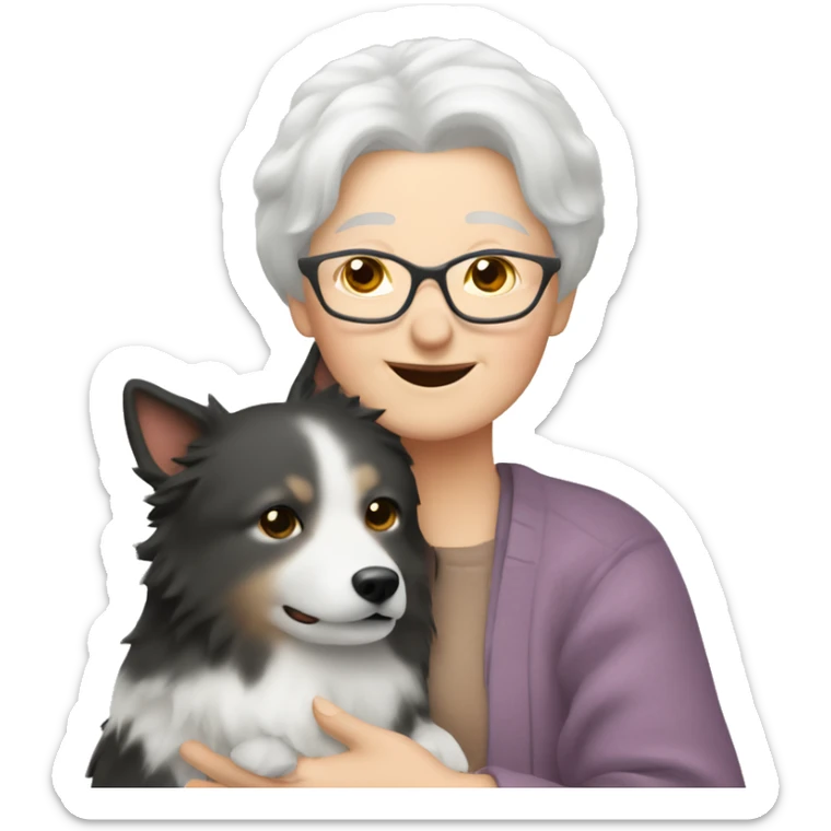 grandma with blonde short hair hugs japanese spitz dog sticker