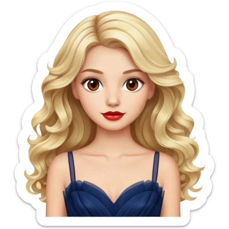 blonde model, brown eyes, long wavy hair, red carpet glam, navy tulle gown sticker