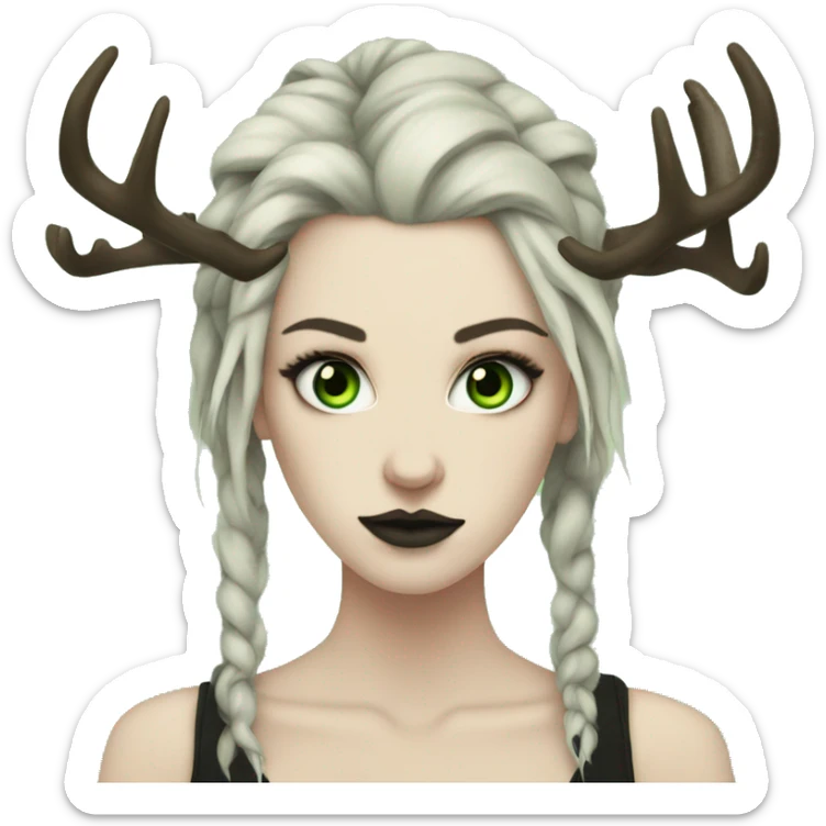 Portrait of a woman with pale skin, green eyes, black dreadlocks, eyeliner, deer antlers, punk, grunge sticker