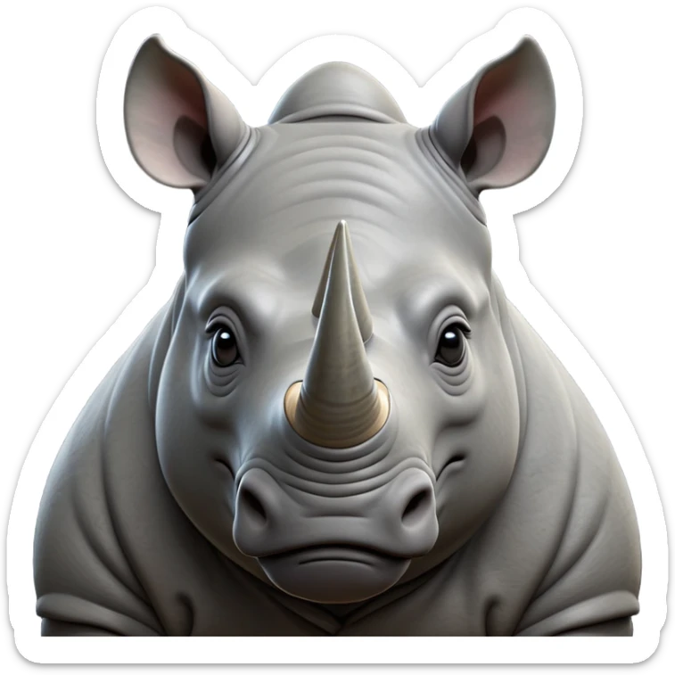 cinematic-noble-rhinoceros-portrait-emoji,-poised,-with-a-massive,-powerful-build-and-a-thick,-hide-of-slate-gray,-deep-set-soulful-piercing-eyes,-simplified-yet-sharp-and-sophisticated-features,-highly-detailed, with large black eyes, szoomed out showing houlders sticker