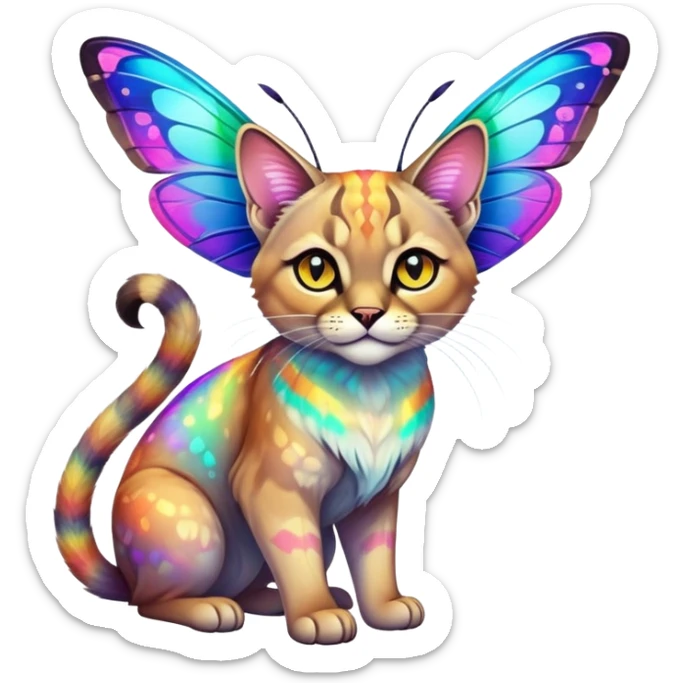 Colorful Neon exotic iridescent tropical shiny Fantasy-Siamese-Bobcat-Caracal-Moth-Scottish-Fold-feline-Fakémon-feline-hybrid (full body) sticker