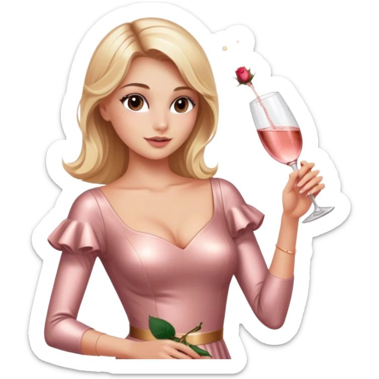 Pretty Blonde model, brown eyes, wearing a rose gold dress with sleeves, raising a bottle of rosé champagne sticker