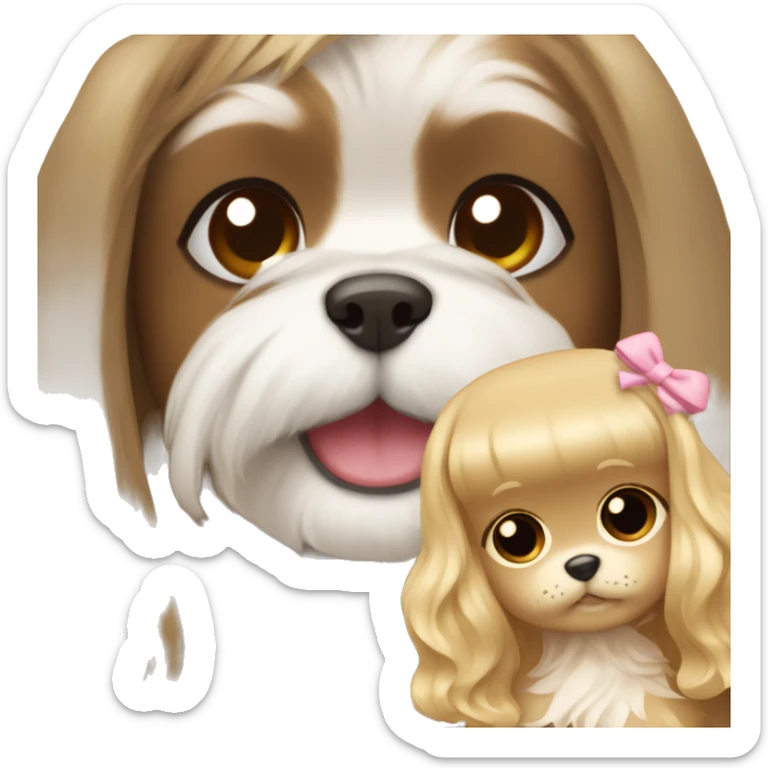 a girl with long, wavy brown hair hugging a Shih Tzu with blonde fur and a cute bow sticker