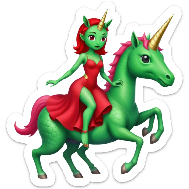 "reptilian green alien woman in red dress", rides unicorn
 sticker