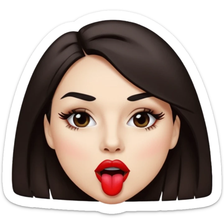 woman with dark brown hair wearing black band over eyes with tongue out sticker