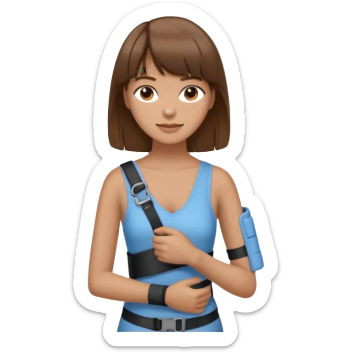 create an emoji of a woman with brown hair and a fringe with her right arm in a brace/sling  sticker