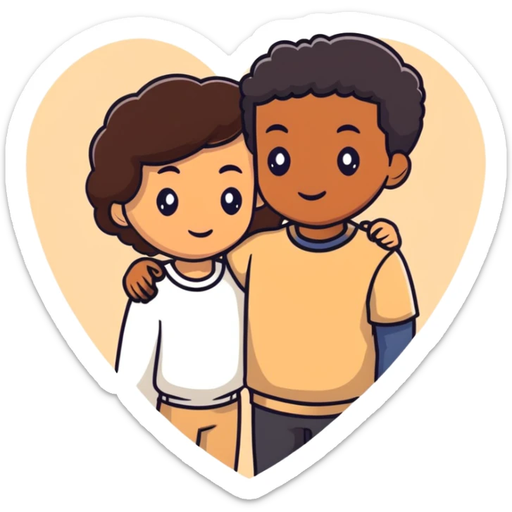 A couple with dark brown hair and mixed skin tone inside a white heart, wearing beige clothes sticker