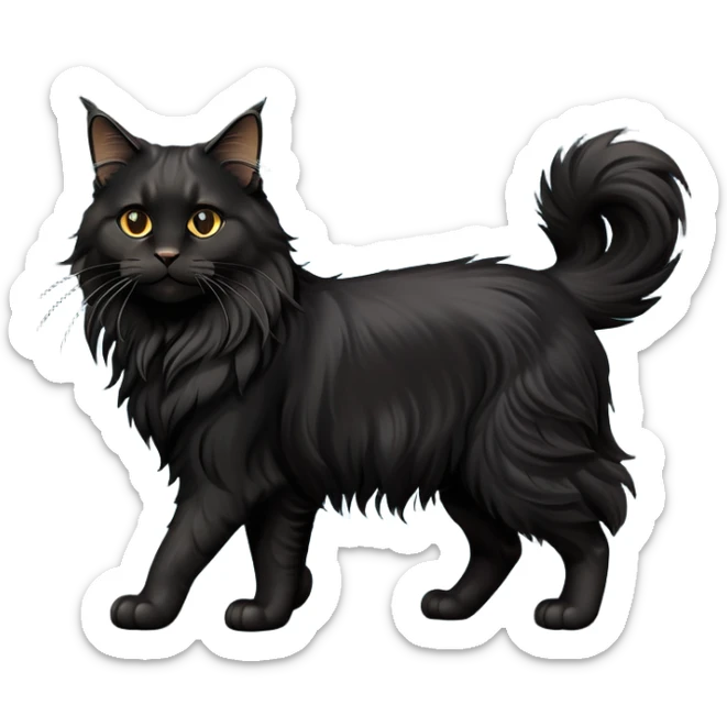 cinematic-black-maine-coon-cat-full-body-on all fours-emoji,-head-tilted-playfully-and-inquisitively,-sleek-solid black-fur,-simplified-yet-adorable-features,-highly-detailed,-glowing-with-a-warm,-friendly-glow -simplified-yet-realistic sticker