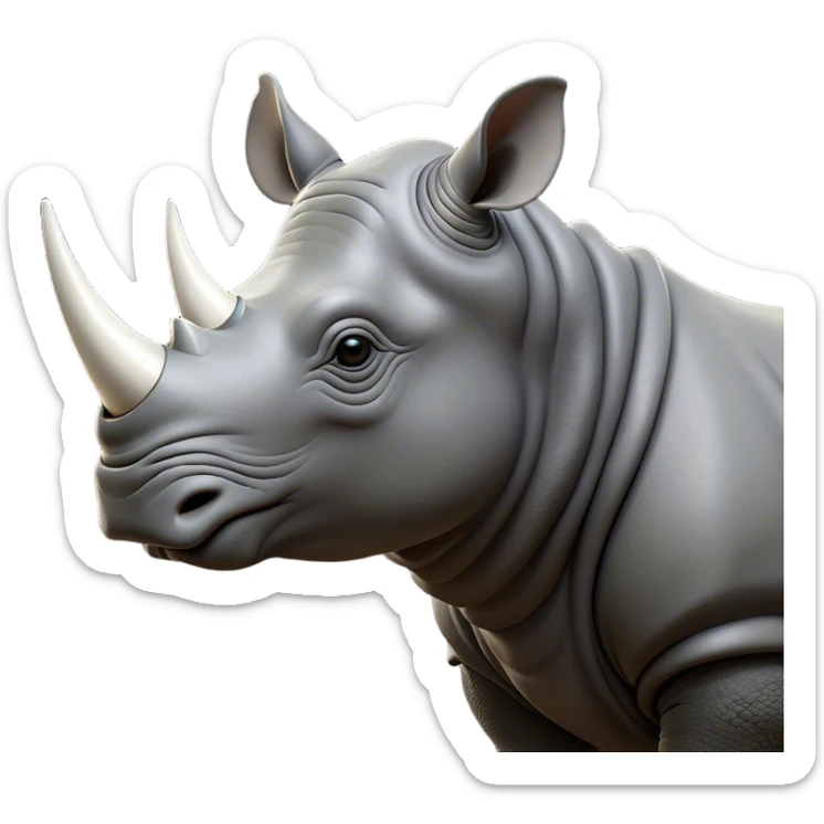 Cinematic Noble Rhinoceros Portrait Emoji, Poised and regal, with a massive, powerful build and a thick, armored hide of slate gray, accented by a prominent, striking white horn, deep-set soulful piercing eyes, Simplified yet sharp and sophisticated features, highly detailed, glowing with a soft, dignified glow, high shine, intelligent and formidable, stylized with an air of ancient might, focused and attentive, soft glowing outline, capturing the essence of a watchful and commanding behemoth, so majestic it feels as though it could charge out of the screen with effortless authority! sticker