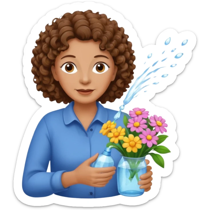 Older female florist – curly hair, spraying water on fresh flowers sticker