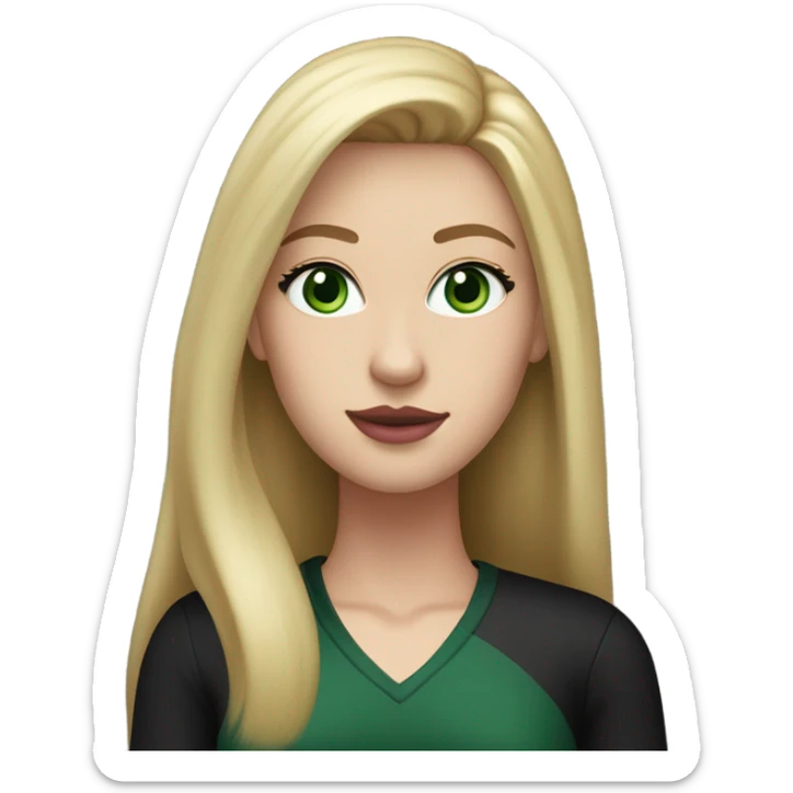 Caucasian woman, long blonde straight hair, dark greens eyes, pink lips, v-cut black long sleeve, eyelashes sticker