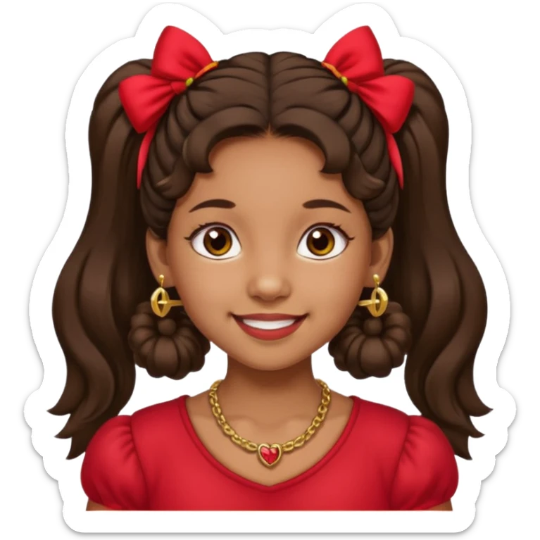 Brownskin girl dark brown hair fluffy. pigtails with red bows brown eyes smiling closed mouth red shirt gold esrrings gold necklace sticker
