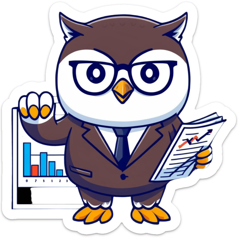 Twilio owl wearing finance outfit with business suit, glasses and stock market chart sticker