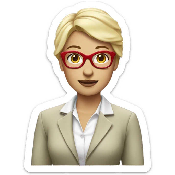 Blonde woman with short hair, greenish eyes, purple square glasses, wearing a white blouse with a red blazer on top.  sticker