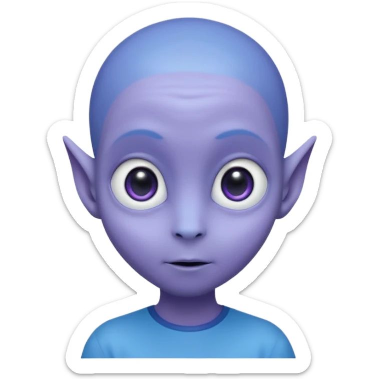 Portrait of an cute alien with smooth purple-blue skin, large black oval eyes, small nose, and visible ears, elongated head, front-facing, wearing blue t-shirt, soft glow, simple futuristic design sticker