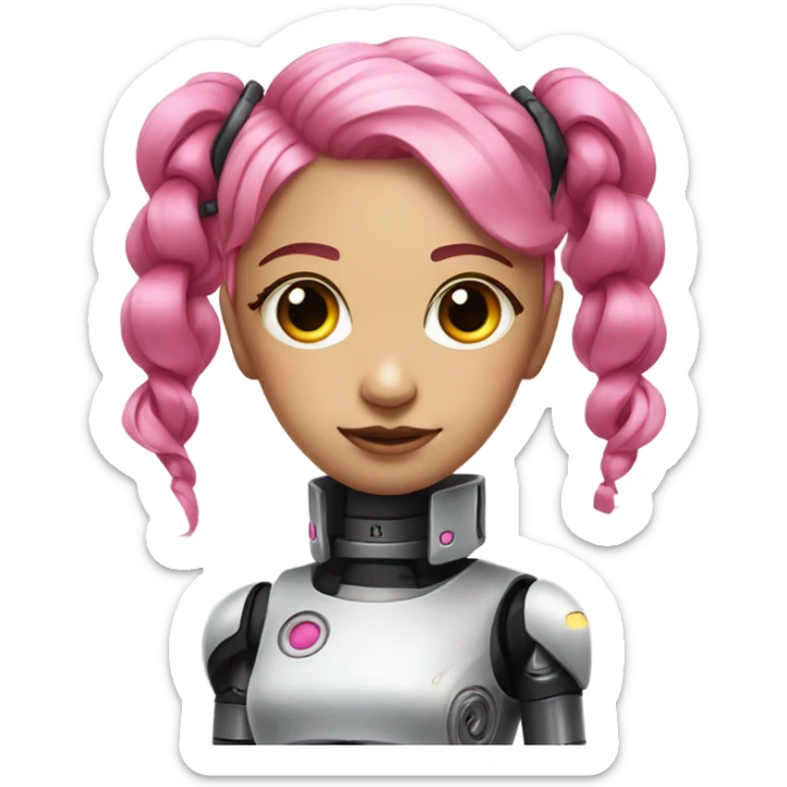 cyborg girl, pink hair, robot body, gynoid, twintails, cyberpunk, black collar, straight hair sticker