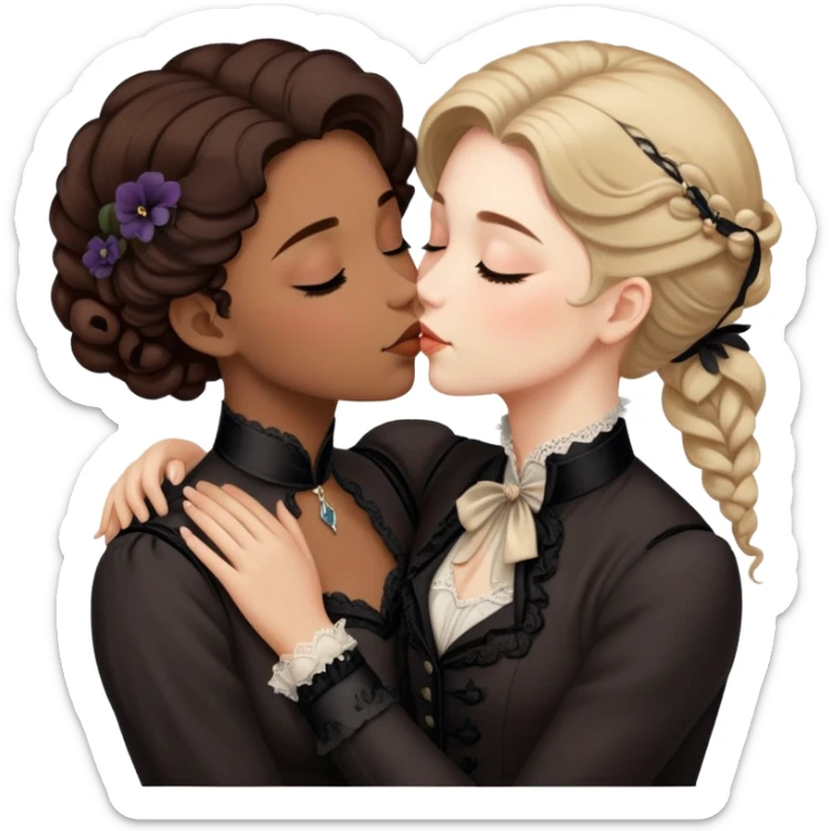 Victorian era lesbian couple kissing tenderly, eyes closed, different hair colors, wearing elegant dark period clothing sticker