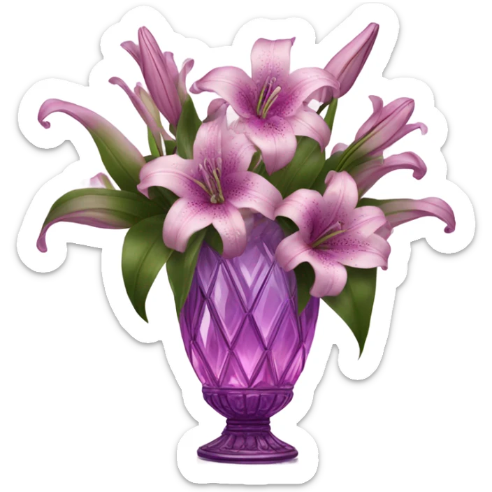 A luxurious bouquet of violet lilies in an ornate Pink crystal vase, placed on an antique wooden table with soft candlelight reflecting off its petals. sticker
