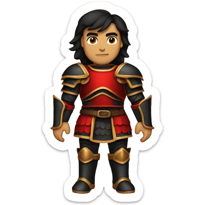 Tanned man with black hair and stern face wearing red and black armour vintage sticker
