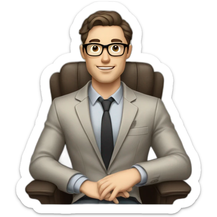 Pale skinned Fit Man With dark brown hair in gray jacket, beige office shirt and vintage glasses sitting In a soft chair with a notebook with emblem Ψ and a pen in his hands sticker