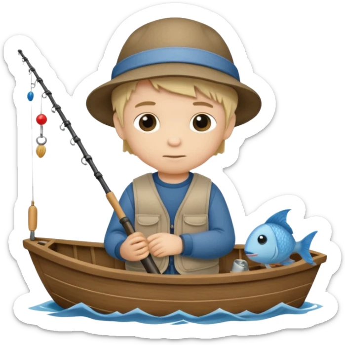 Little boy on a little boat fishing, felt texture, scrapbooking, precious moments style character sticker
