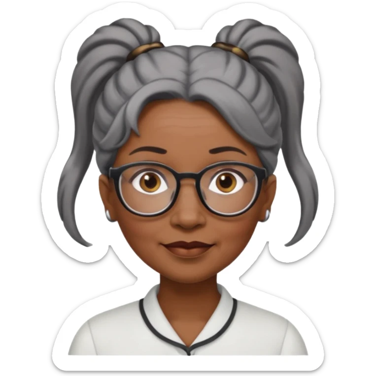 emoji of a black older women with black and gray hair in a ponytail with glasses and brown eyebrows sticker