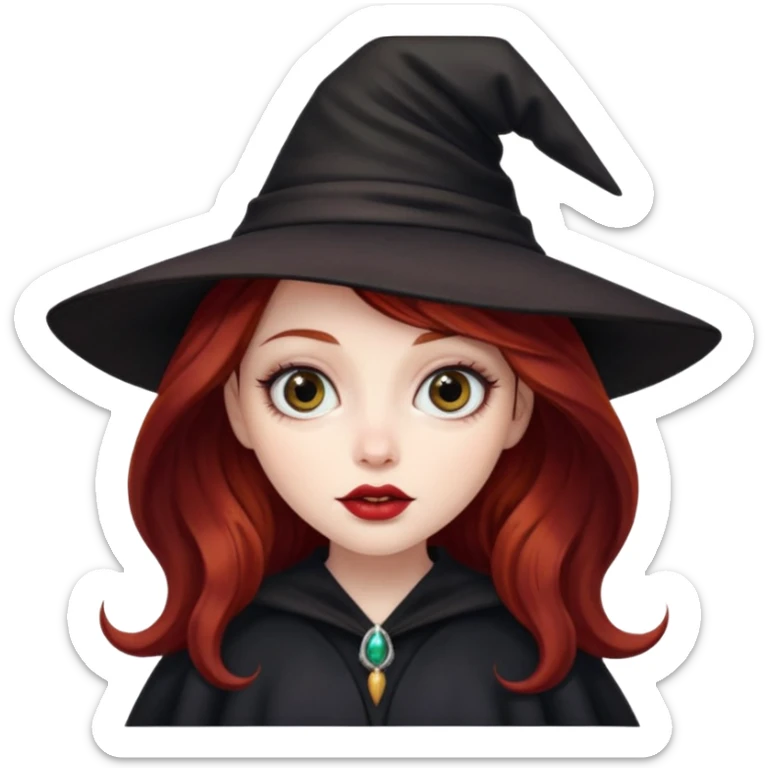 long and wavy dark red haired girl, with thick lips, big eyes and she looks like a witch sticker