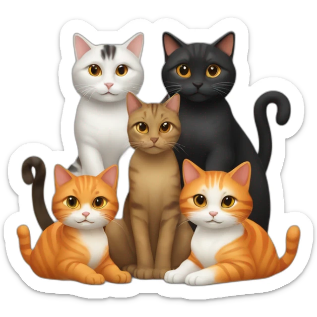 A group of cats, 3 are black, 1 is orange and white, 1 is orange, and 1 is tortoise colored sticker