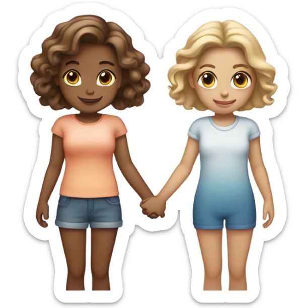 Two girls holding hands: one tanned with ombre hair and the other fair skin with dark blonde hair  sticker