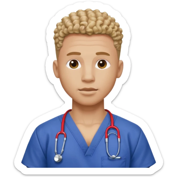 Ripped, athletic man with thick neck, high top fade with no part, curly hair only top only, no shirt and show waistline up add scrubs sticker