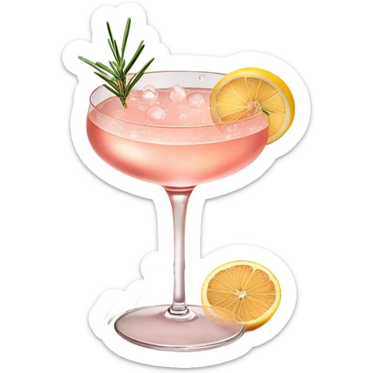 fizzy rosé elderflower fancy cocktail in a couple glass with rosemary garnish sticker