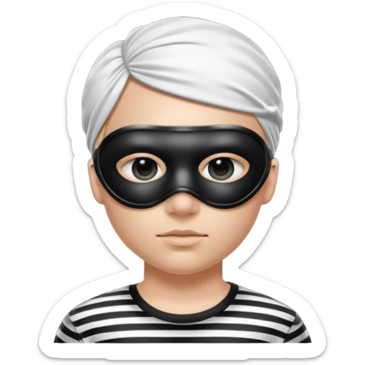Realistic ios emoji-style portrait of a classic burglar, a black eye mask and a black-and-white striped shirt. Highly detailed, natural skin texture, soft cinematic lighting, realistic shadows, smooth gradients, clean outline, glossy reflections in the eyes.  sticker