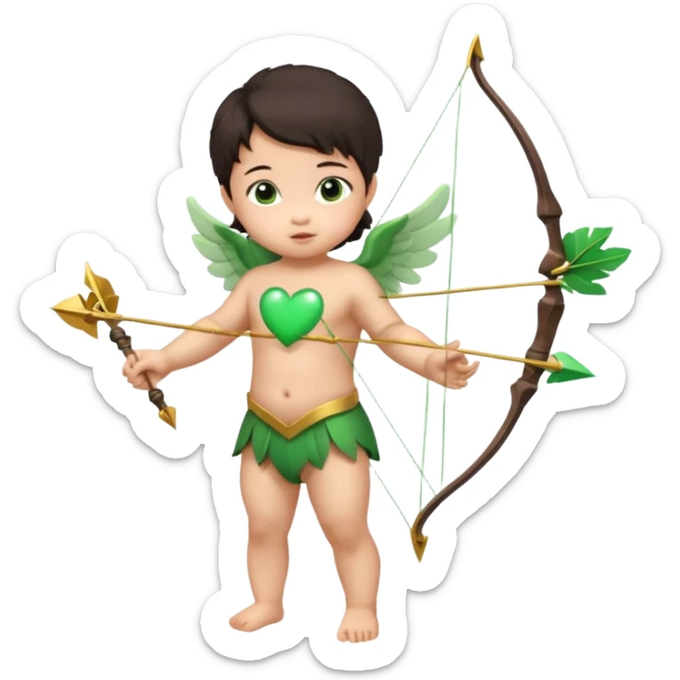 cupid asian baby flying full body with wings with brown eyes and dark hair handled bow and arrow directed to green heart and looking to heart sticker