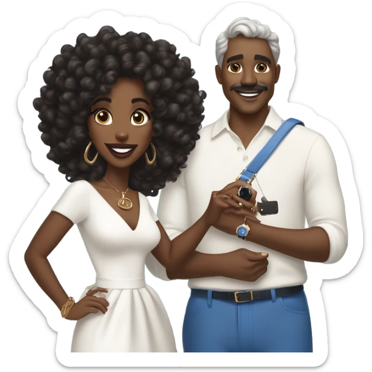 Brown Black woman in her mid-20s with blowout curls, wearing a white dress, holding a blue mini Hermes Kelly BAG, and a 7-carat ring. A White  man with blue eyes, dark grey hair, mustache, and an expensive watch, smiling at her.” sticker