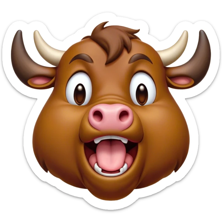 Cinematic Cute Yawning Brown Bull Portrait Emoji, Head tilted slightly with a dramatic, wide-open yawn, showcasing a smooth, rich brown hide with a subtle texture, floppy ears slightly drooping, round dark eyes barely open in drowsy contentment, Simplified yet irresistibly adorable features, highly detailed, glowing with a soft, cozy glow, high shine, relaxed yet expressive, stylized with a touch of rugged whimsy, bright and endearing, soft glowing outline, capturing the essence of a sleepy yet affectionate guardian, so drowsy it feels like it could charge right out of the screen and curl up for a nap! sticker