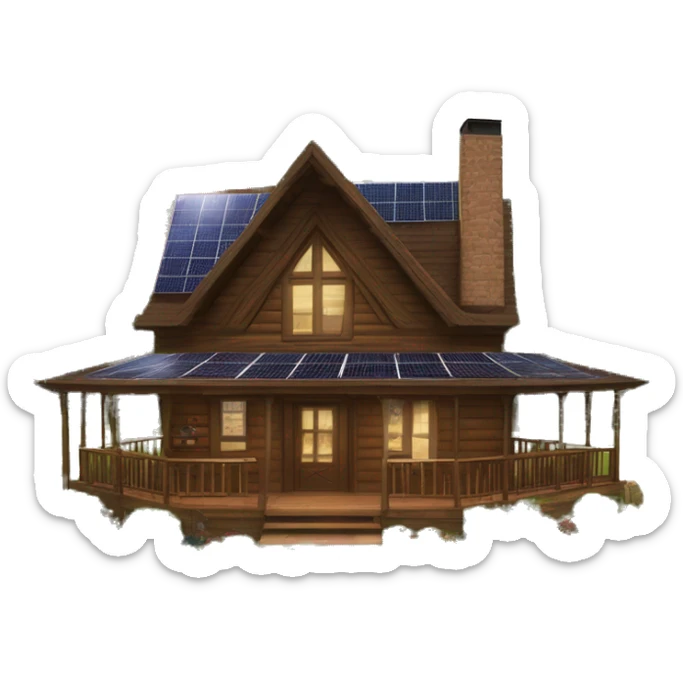 Skywalker Cabin is a clean Very big Wood Cabin near tree on the mountain in the background. The cabin is 5 stories tall with extensive solar arrays on top. The cabin sits on thick grass fields. porch lights on ,guests on porch smoking ,flowers and bushes  sticker