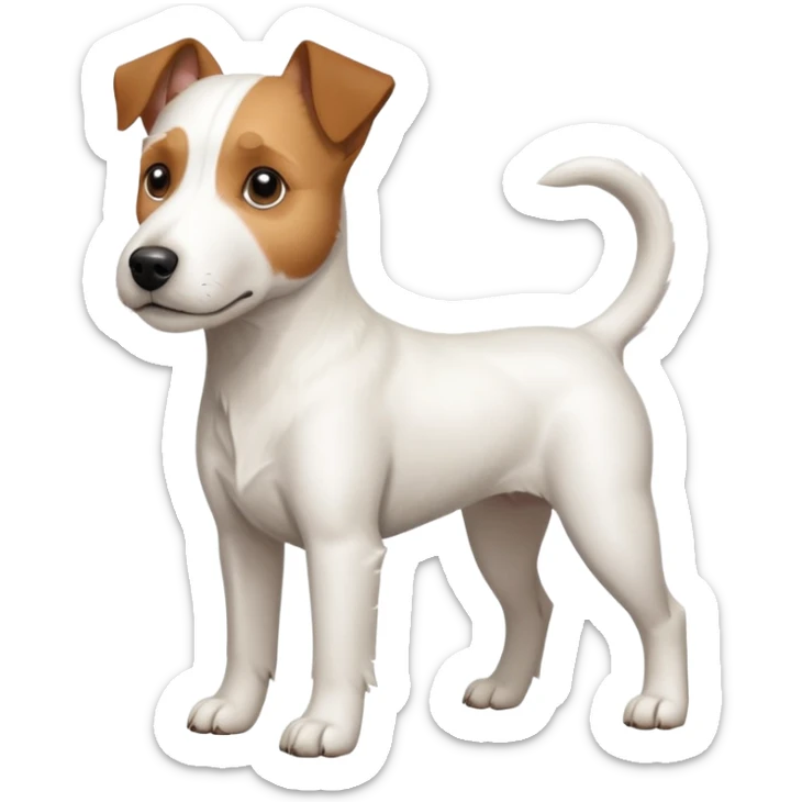 a full body large white parson russell terrier looking dog the size of a kelpie with light brown ears and a light brown patch on one eye and a large snout sticker