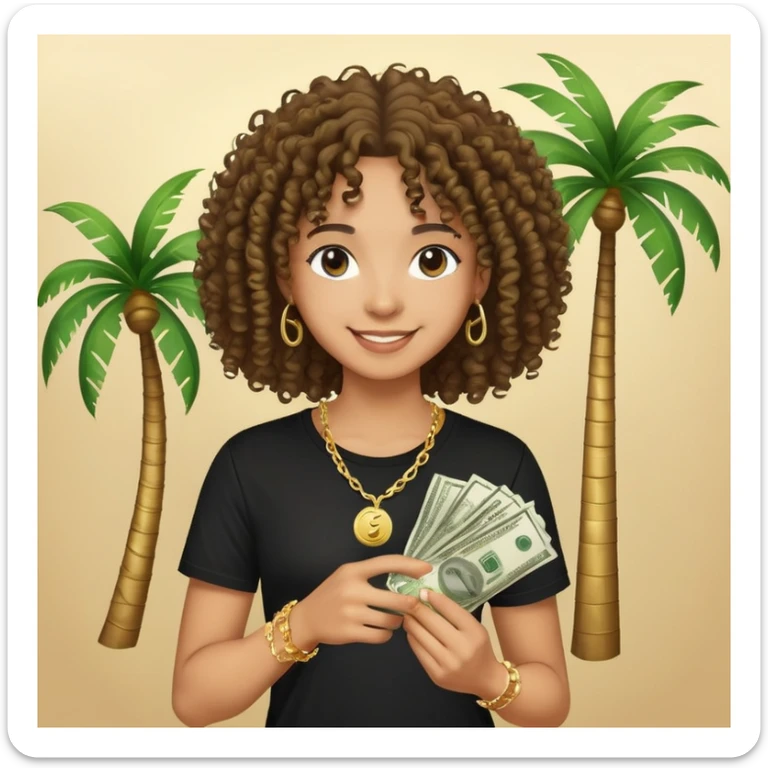 Happy mixed-race person with curly hair in black t-shirt and gold chain, holding money, palm tree beach background sticker