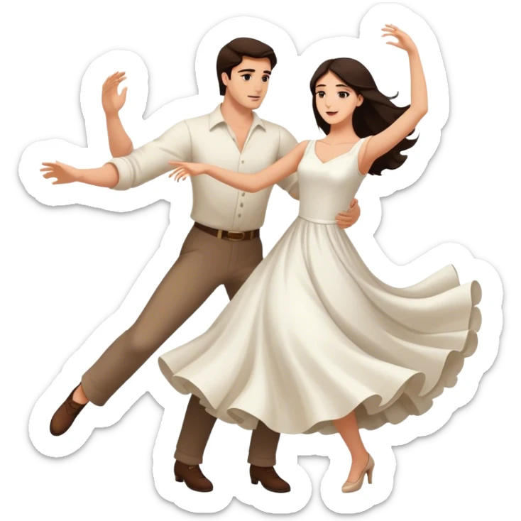 Beautiful woman in 1950’s woman fashion look, white dress, long dark brown hair, balboa couple dance, toss-out movement sticker