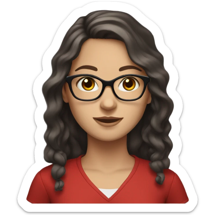 white girl with glasses, dark long wavy hair, dark brown eyes and red shirt  sticker