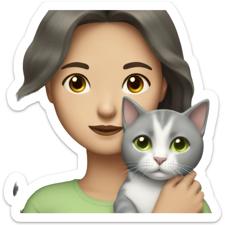  white woman with dark hair  and brown eyes cuddling grey cat with light green eyes  sticker