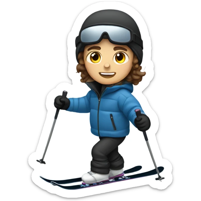 1 white Boy with wavy brown hair skiing with blue skis. He is wearing all black snow pants and a gray jacket   sticker