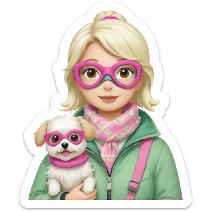 female character in cozy winter outfit, soft pastel green jacket, beige plaid scarf, snorkel mask with pink detailing, holding cute white Maltese dog, happy expression, bright and clear, Apple emoji style sticker