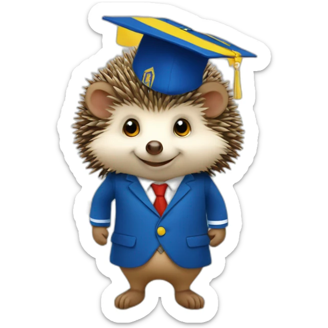A hedgehog student in a suit in the color of the Ukrainian flag in a square academic cap sticker