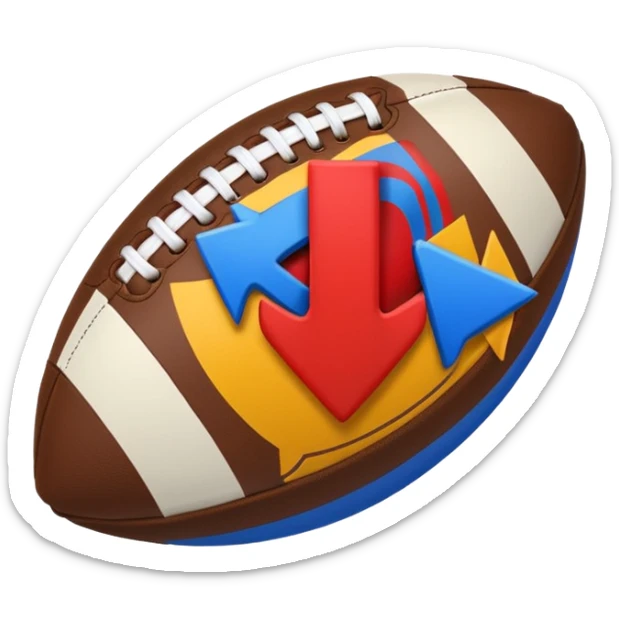 Uma bola de futebol americano com uma seta vermelha curva a indicar uma inversão de marcha abrupta. blue (#00A3E0) and red (#F9423A) sticker