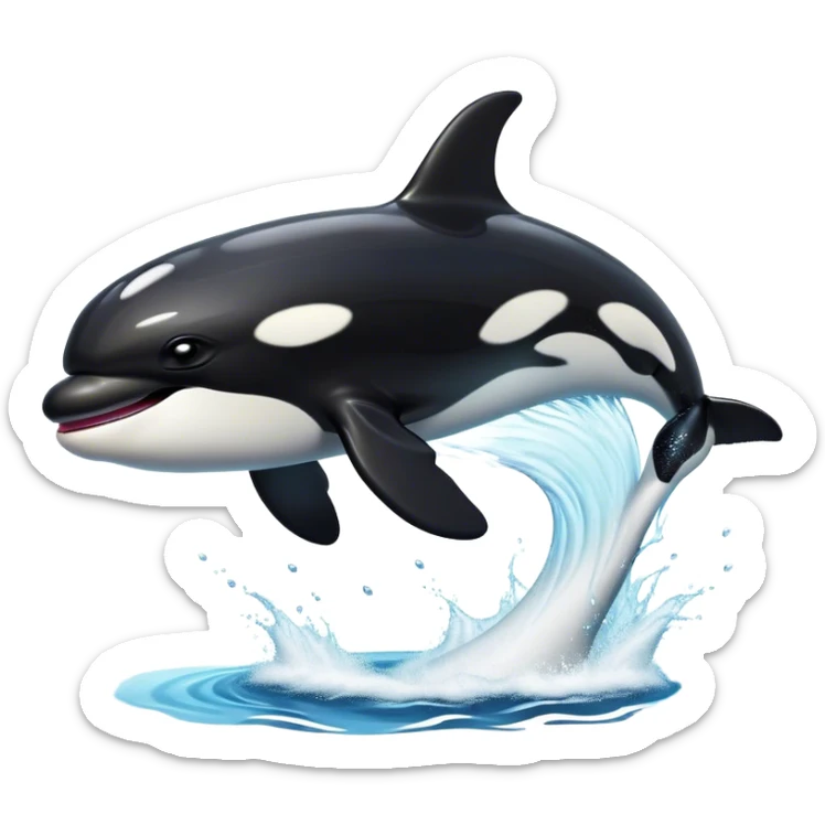 Meme-Worthy Breaching orca Portrait Emoji, Bursting powerfully out of the ocean with an impressive, high-energy leap, showcasing a sleek black-and-white body glistening with water droplets and dynamic, arched posture, Simplified yet exhilaratingly expressive features, highly detailed, glowing with a vibrant marine energy, high shine, bold and full of life, stylized with an air of untamed ocean spirit, soft glowing outline, capturing the essence of an orca mid-breach, radiating pure, unstoppable aquatic power! sticker