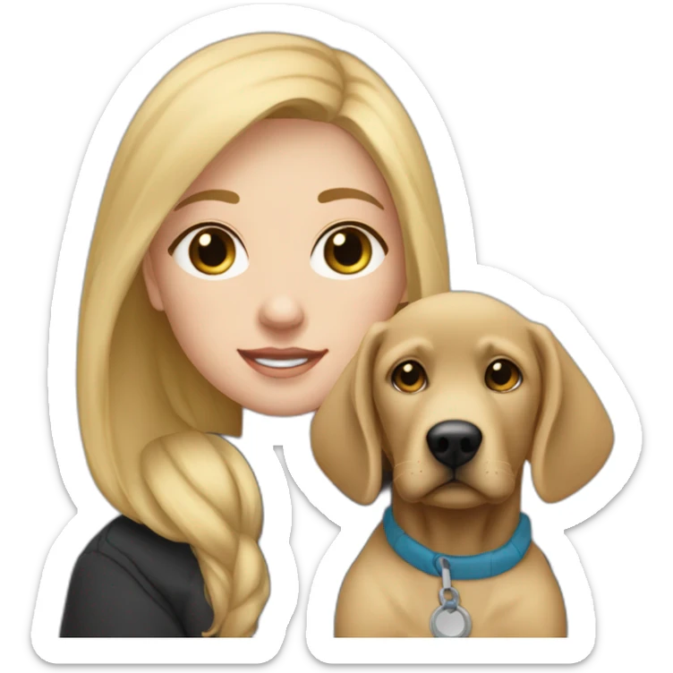 A blonde girl  with blues eyes, with smooth hair and a ray,she has light skin a few freckles, and she wear a hoodies and she Carries in his arms a black baby labrador dog  sticker
