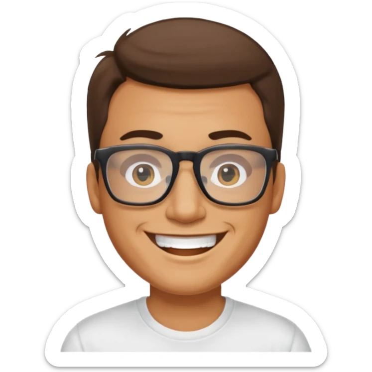 portrait of adult man, wearing a t-shirt, square glasses, grinning face sticker