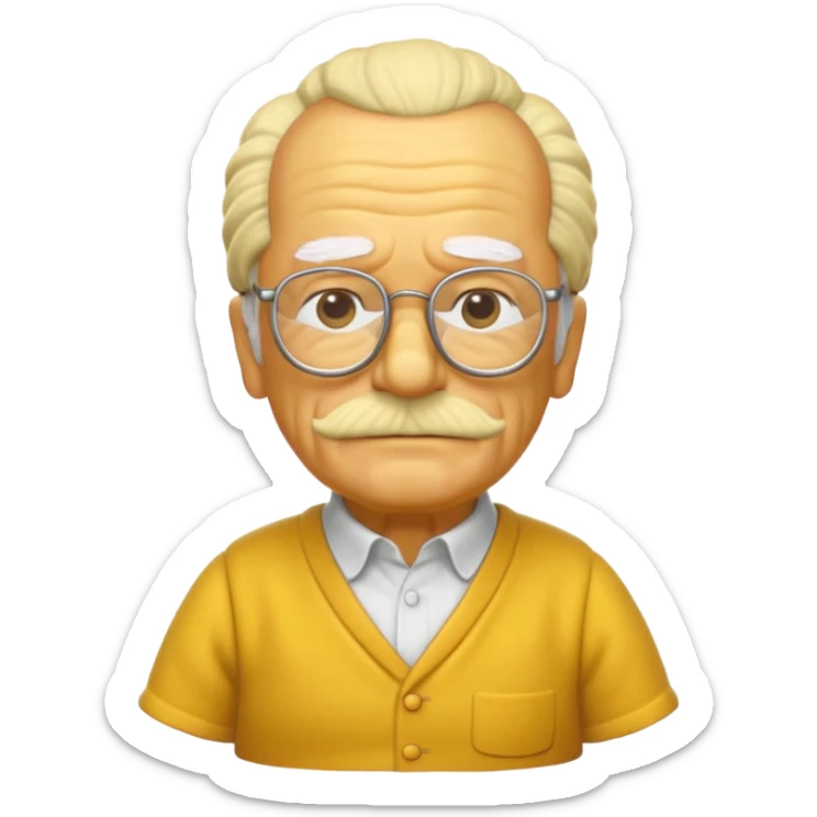 A 3D cartoon close-up of Grandpa Abe Simpson from The Simpsons, rendered in Memoji-style with bald yellow head, white tufts of hair on the sides, wrinkled face, glasses, and warm lighting. Match the Simpsons family color tone and style, yellow dress. sticker