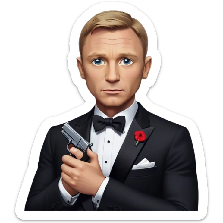 Cinematic Realistic James Bond Daniel Craig Portrait Emoji, depicted as the ultimate suave and enigmatic secret agent, donning a sharply tailored tuxedo, gripping a sleek handgun, with a piercing gaze that exudes confidence and danger. The scene is infused with moody, high-contrast cinematic lighting, evoking the thrilling world of espionage and intrigue. sticker